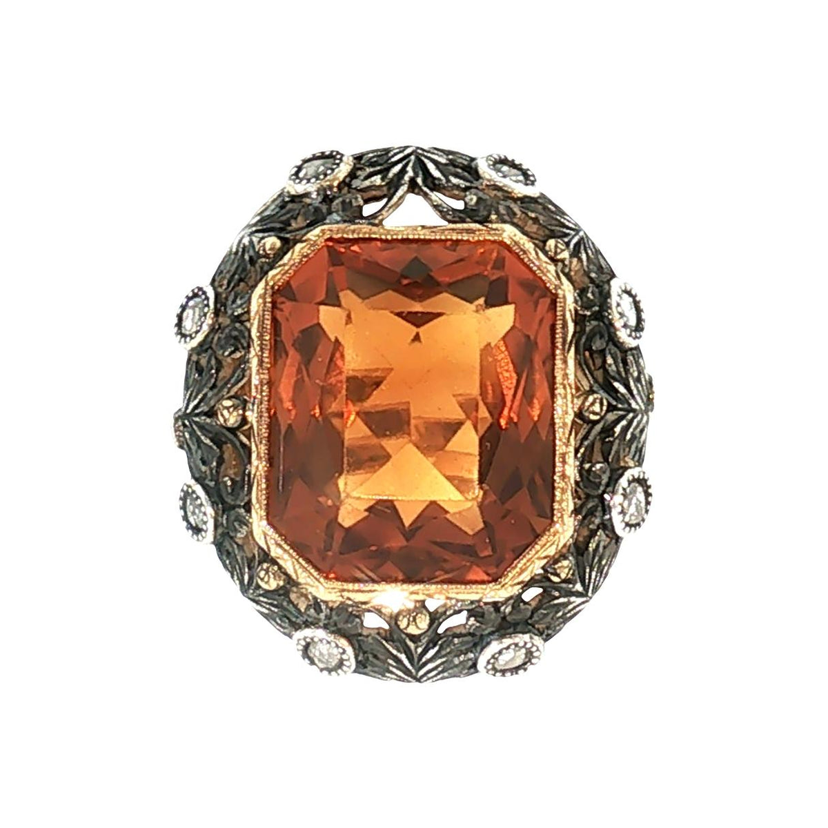Early 20th-Century Silver Over 16 Karat Gold Citrine and Diamond Ring