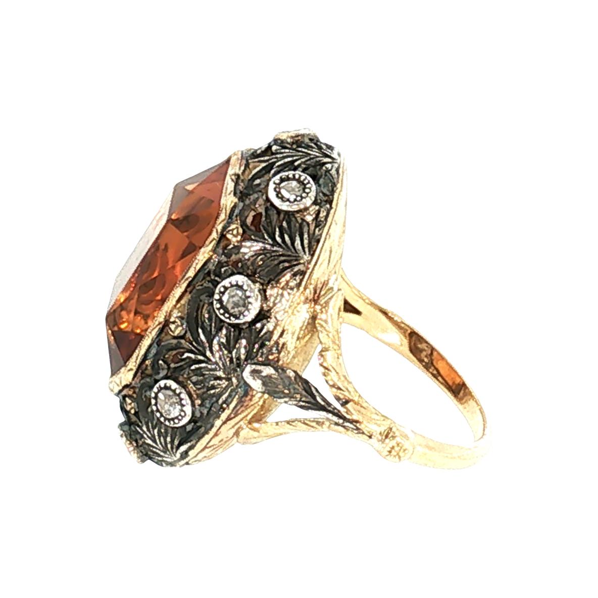Early 20th-Century Silver Over 16 Karat Gold Citrine and Diamond Ring