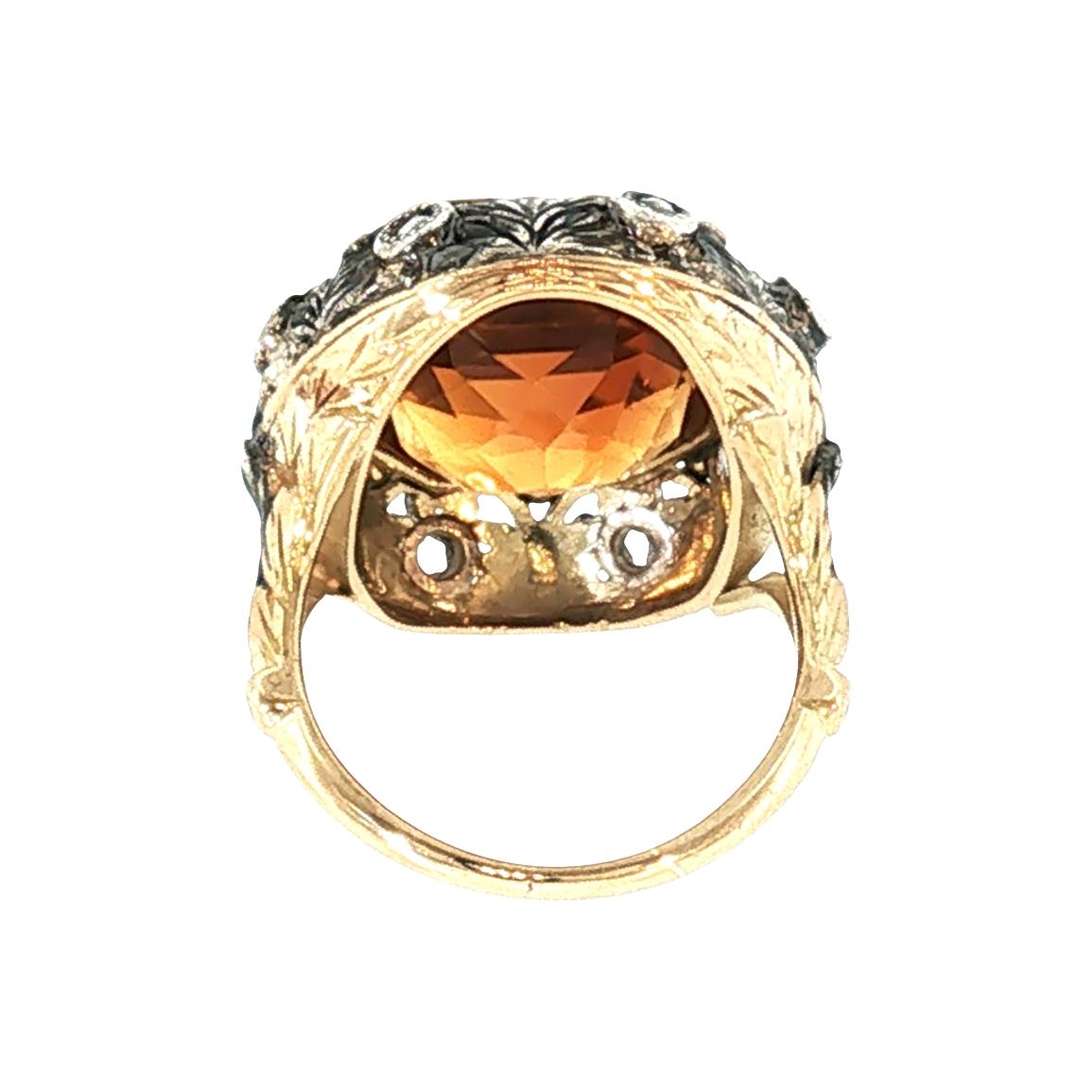 Early 20th-Century Silver Over 16 Karat Gold Citrine and Diamond Ring