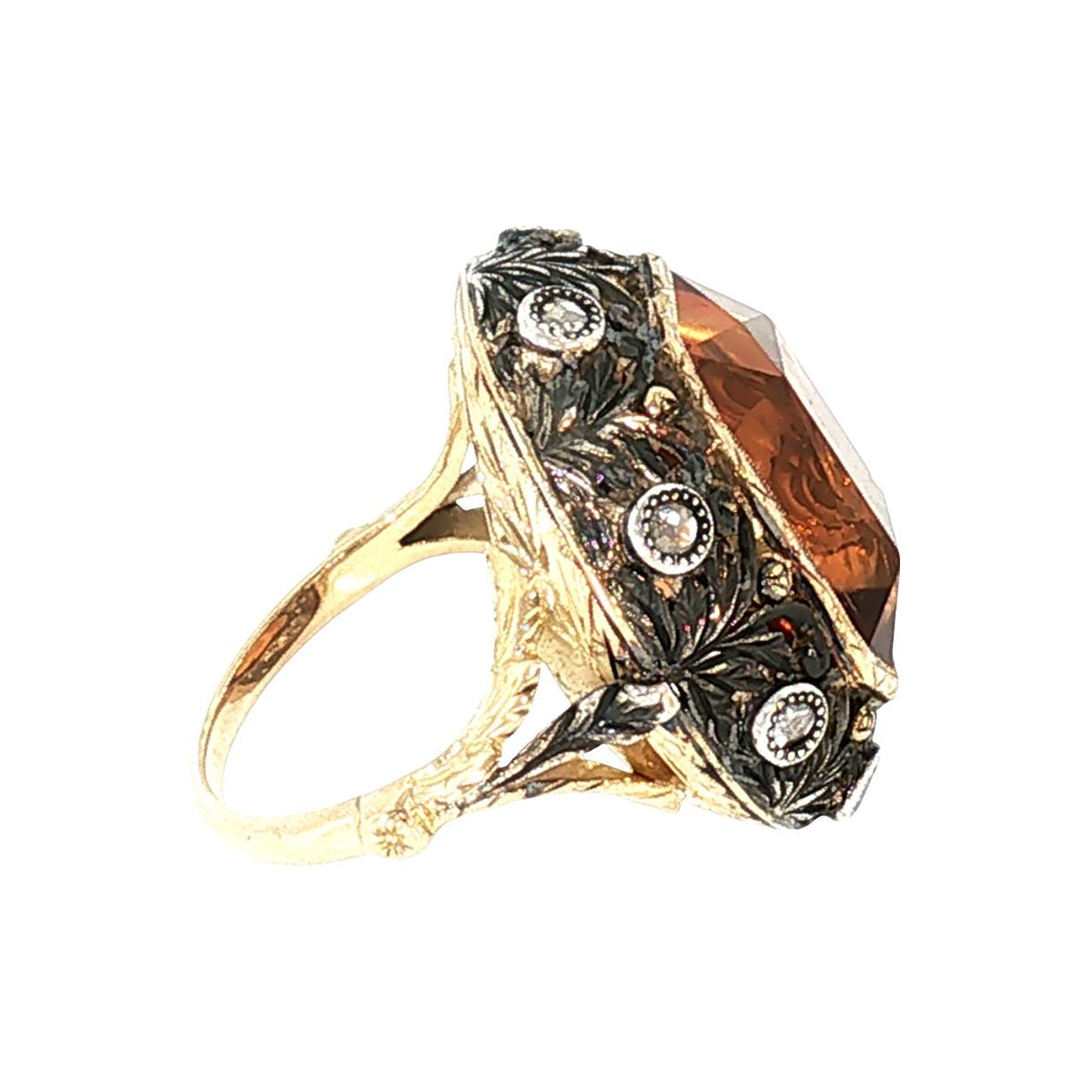 Early 20th-Century Silver Over 16 Karat Gold Citrine and Diamond Ring