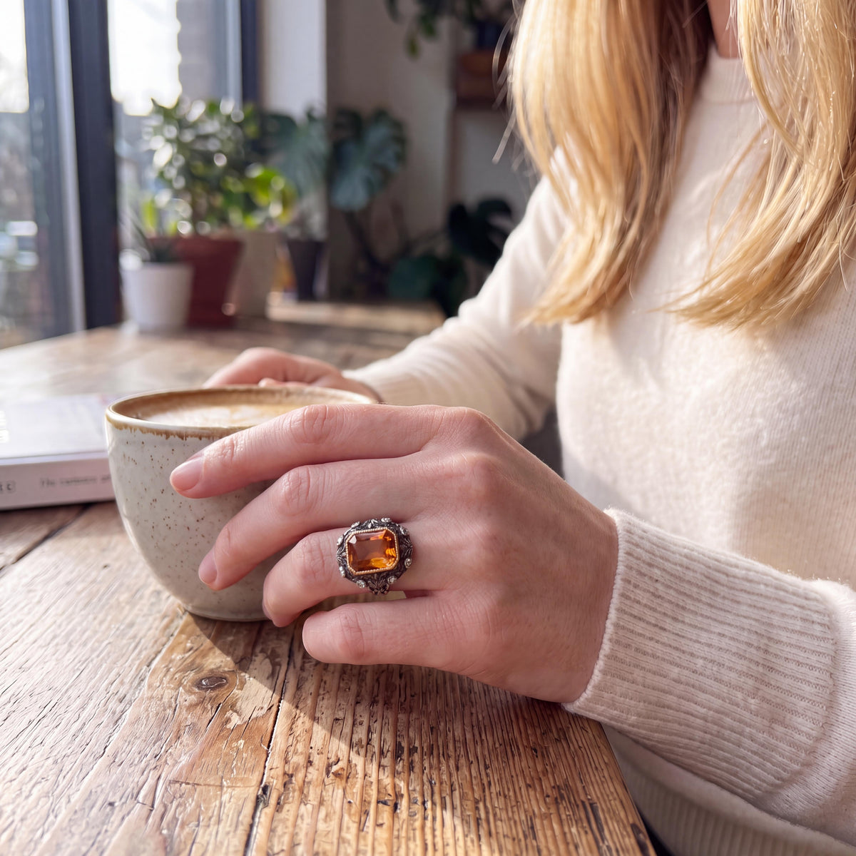 Early 20th-Century Silver Over 16 Karat Gold Citrine and Diamond Ring