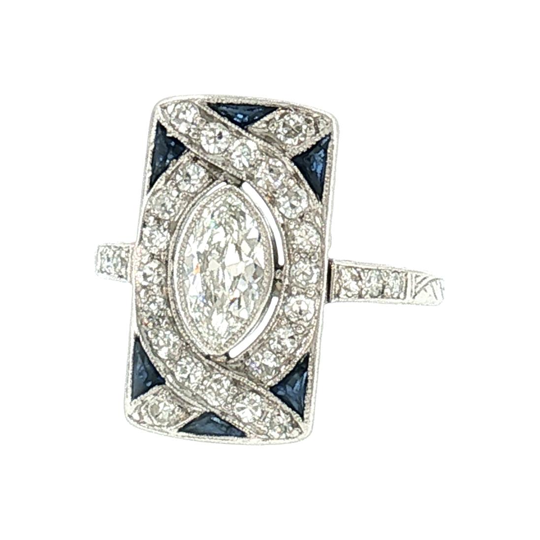 Art Deco Platinum Marquise Diamond and Calibre Synthetic Sapphire ring