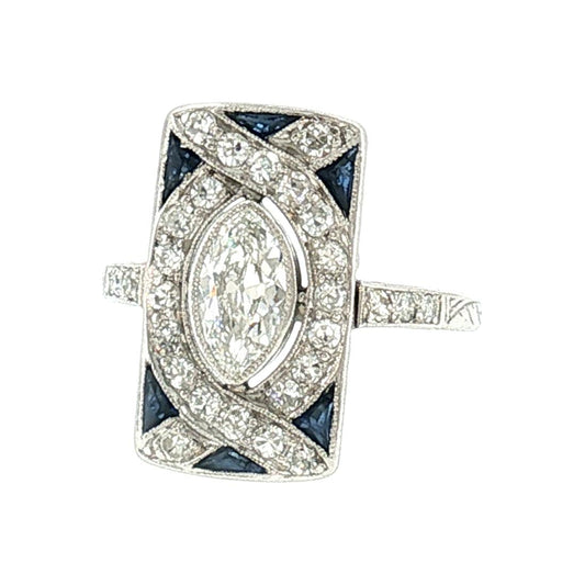 Art Deco Platinum Marquise Diamond and Calibre Synthetic Sapphire ring