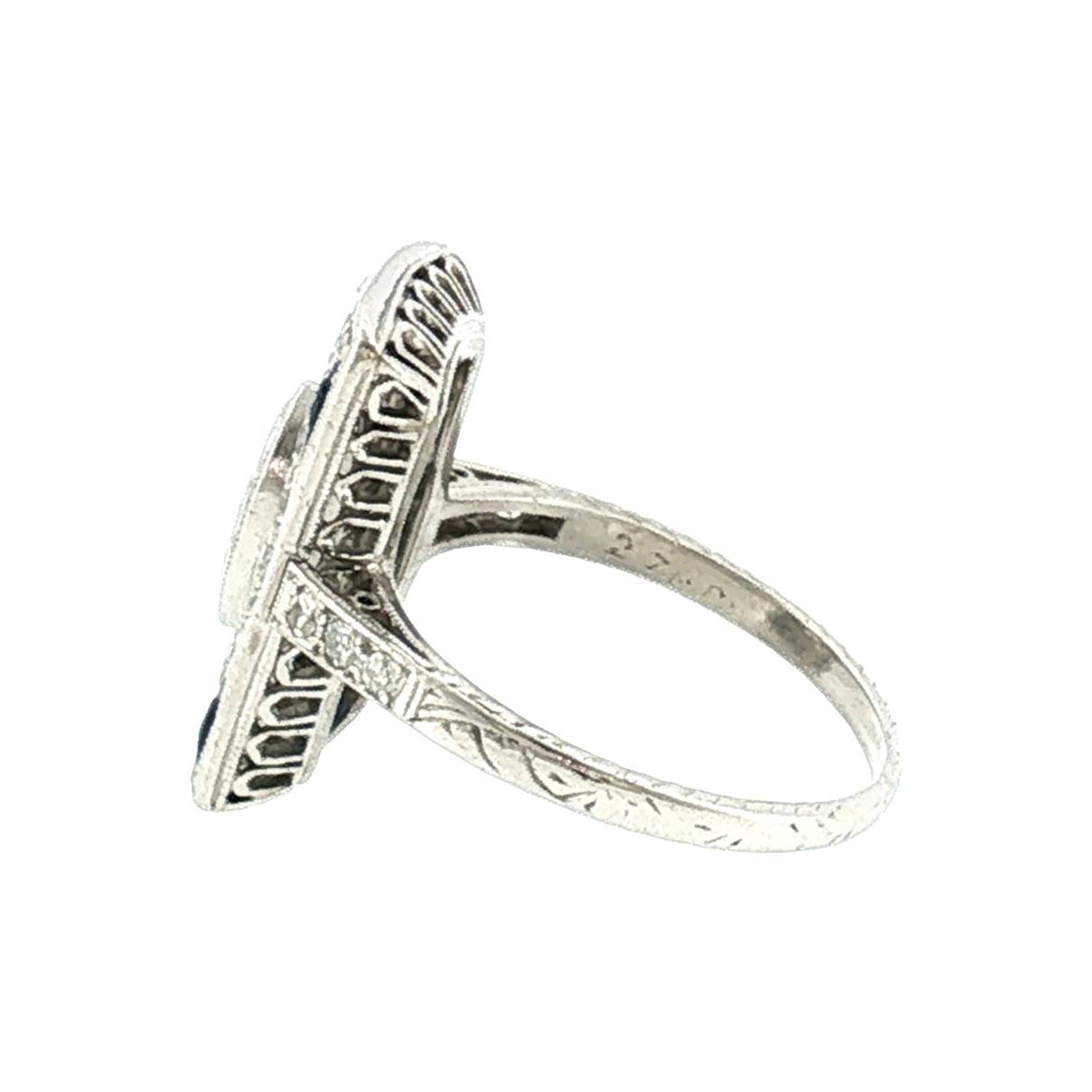 Art Deco Platinum Marquise Diamond and Calibre Synthetic Sapphire ring