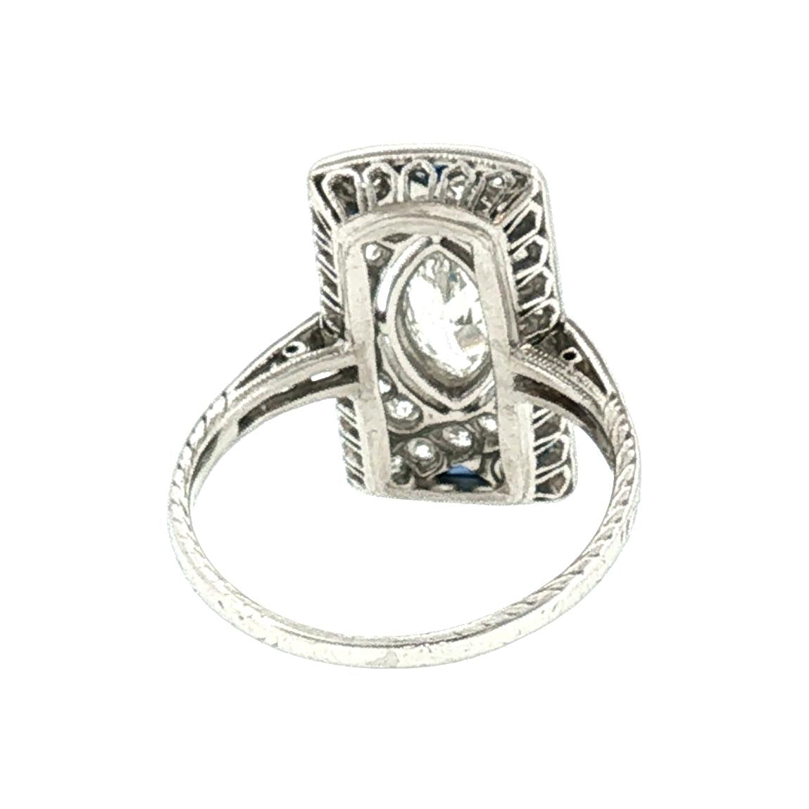Art Deco Platinum Marquise Diamond and Calibre Synthetic Sapphire ring