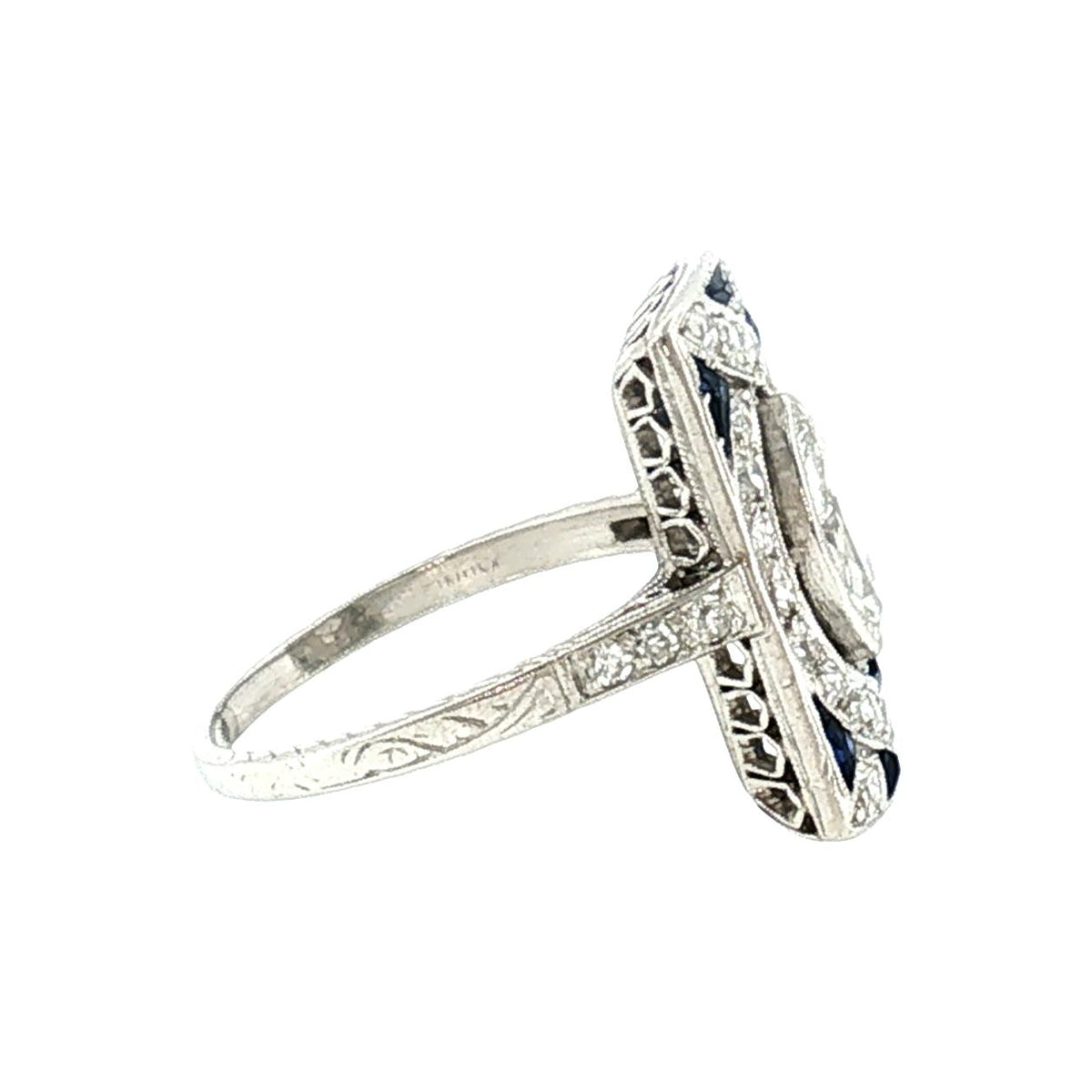 Art Deco Platinum Marquise Diamond and Calibre Synthetic Sapphire ring