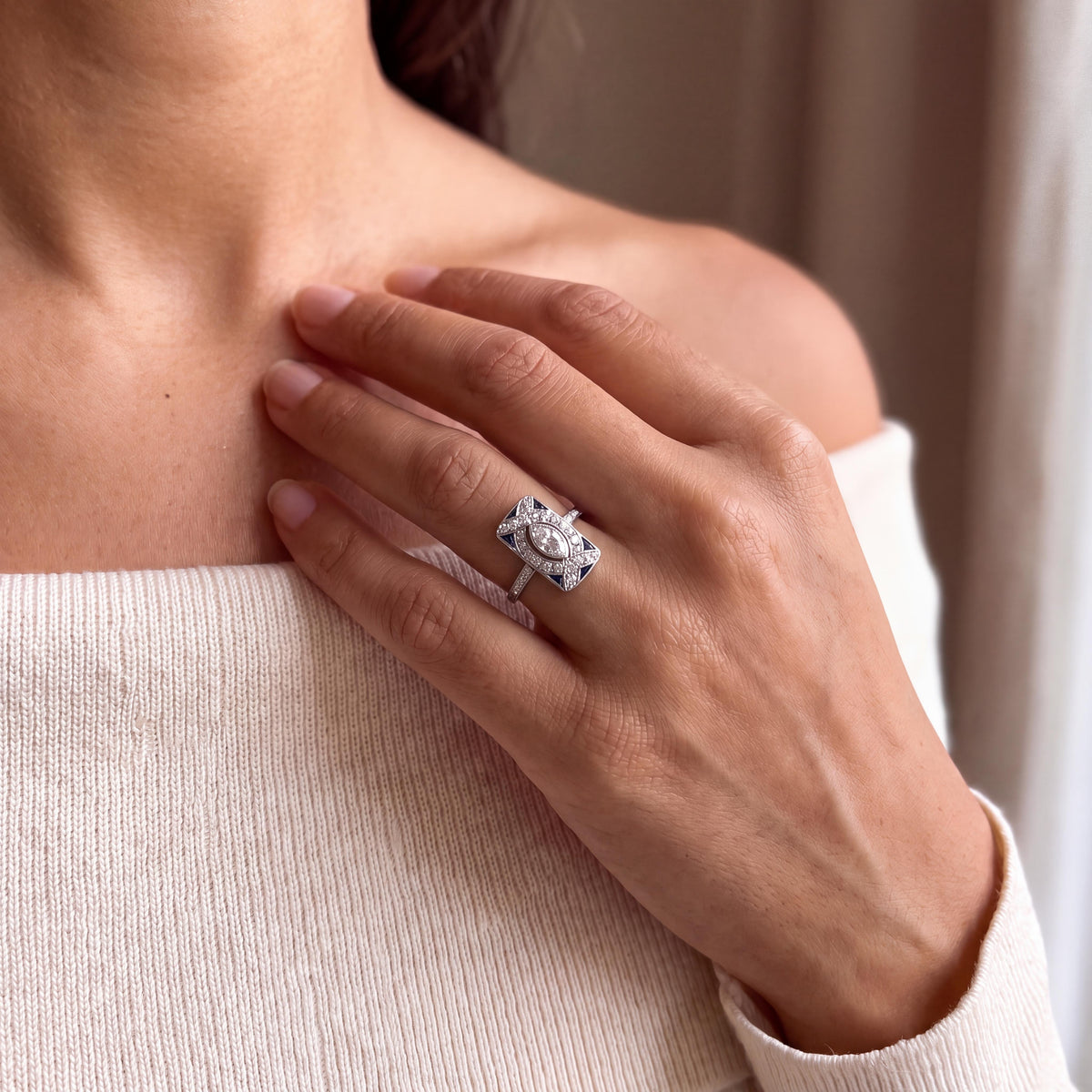 Art Deco Platinum Marquise Diamond and Calibre Synthetic Sapphire ring