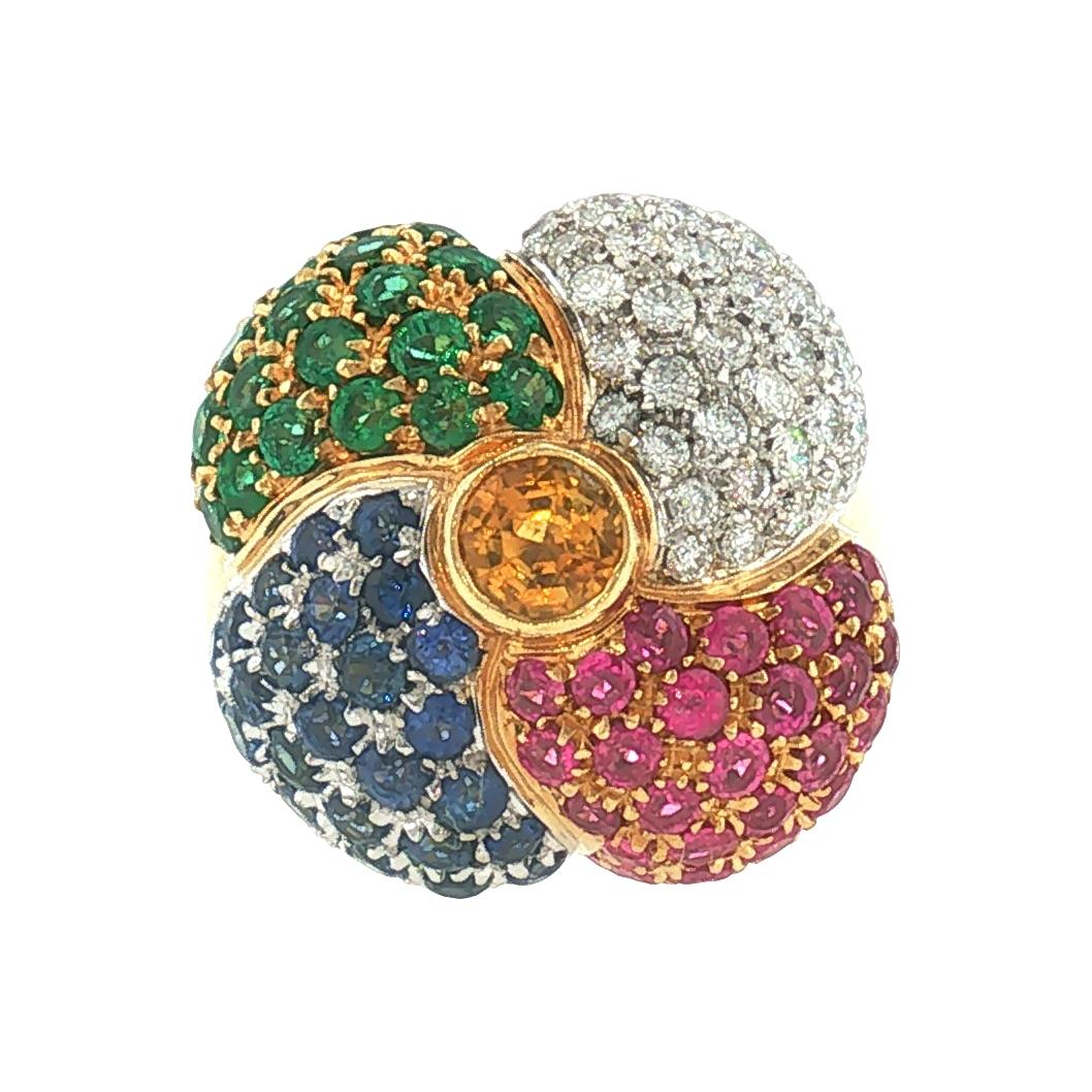 Late 20th-Century 18 Karat Natural Ruby, Sapphire, Emerald and Diamond Ring