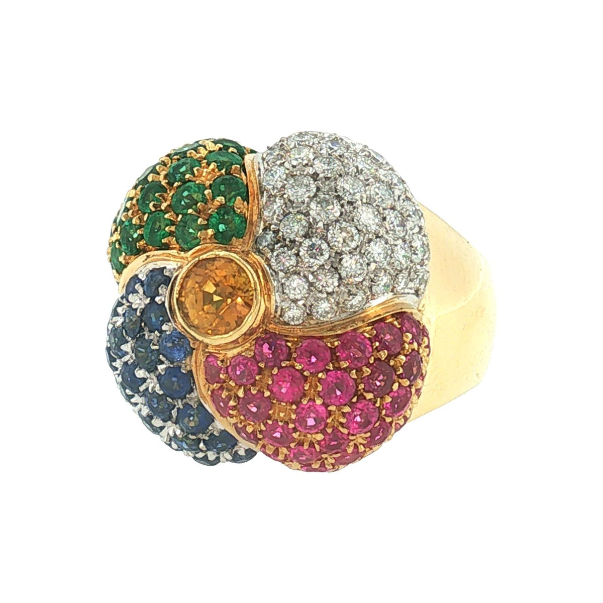 Late 20th-Century 18 Karat Natural Ruby, Sapphire, Emerald and Diamond Ring
