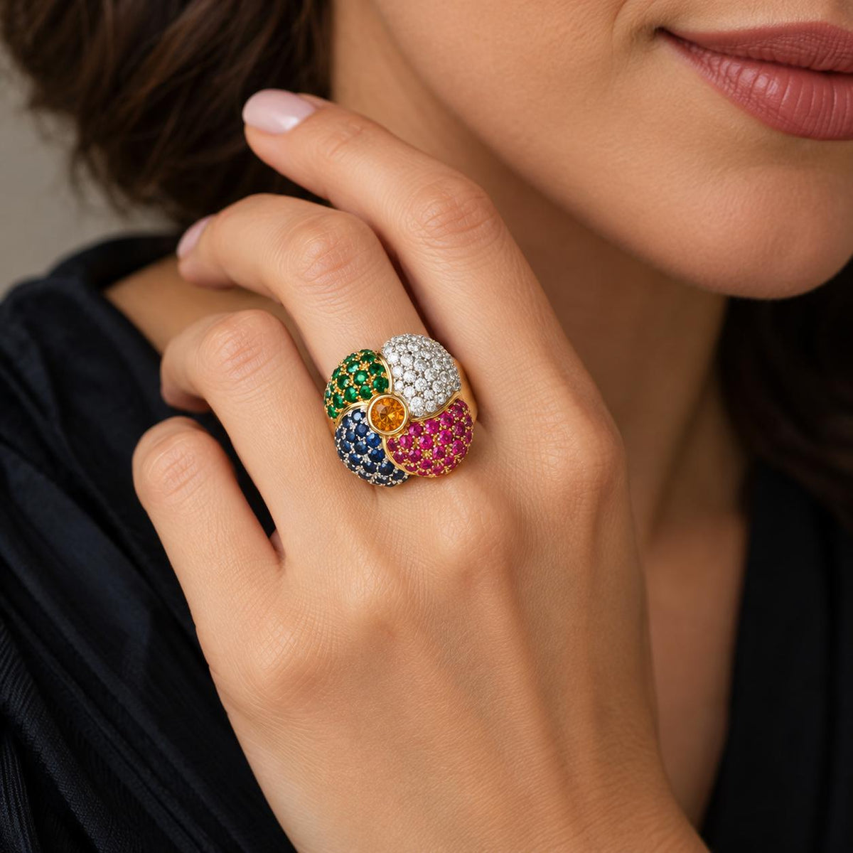 Late 20th-Century 18 Karat Natural Ruby, Sapphire, Emerald and Diamond Ring