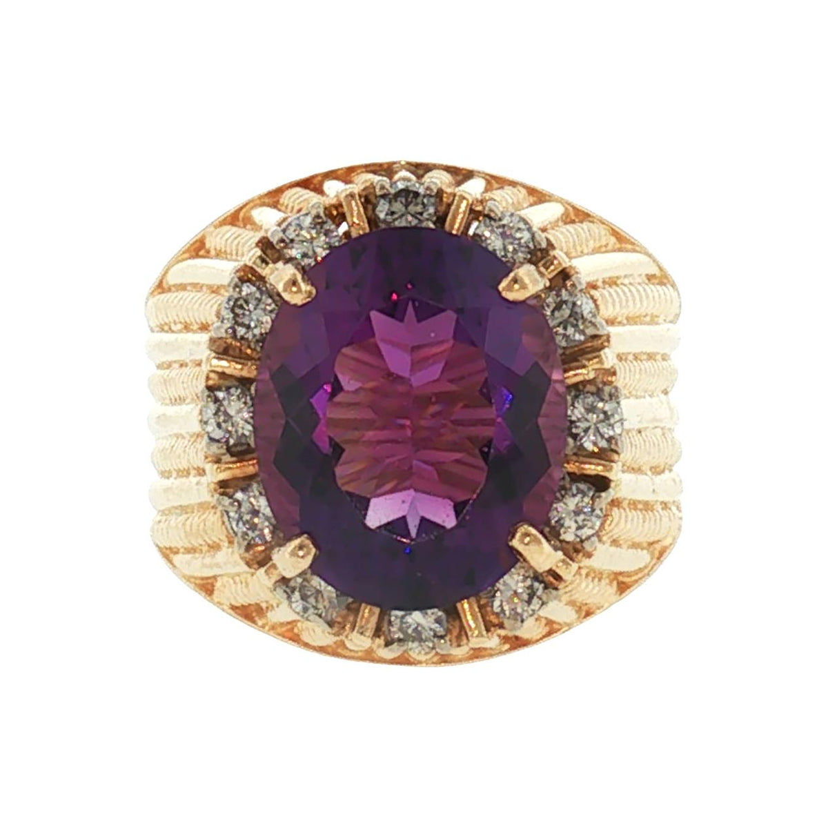 1960s 14 Karat Amethyst and Diamond Hand Fabricated Ring
