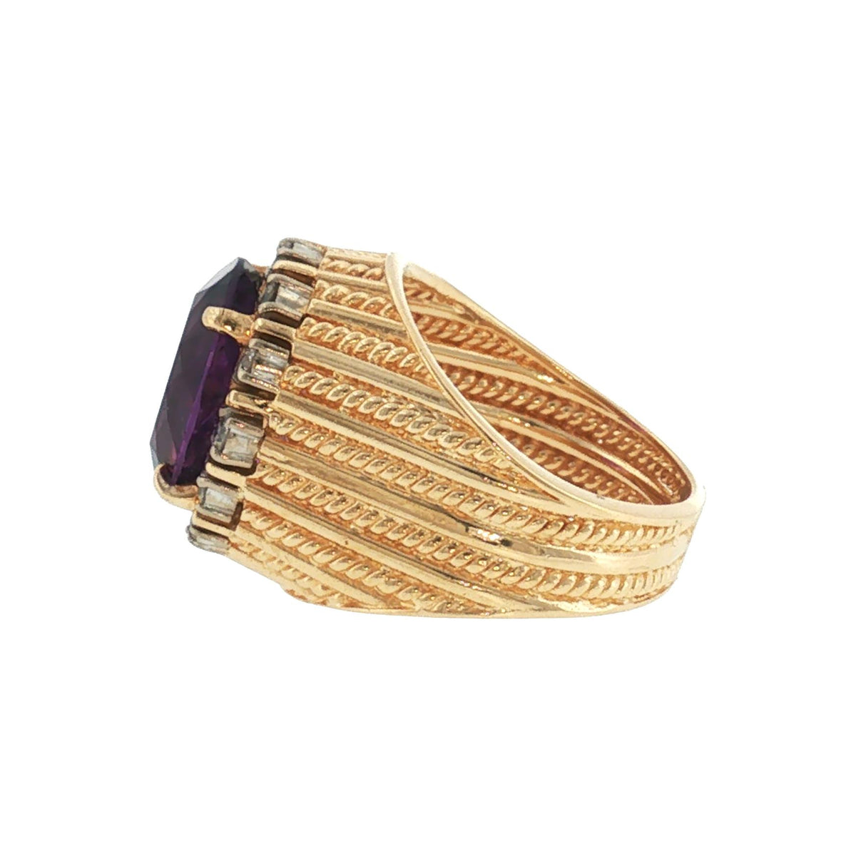 1960s 14 Karat Amethyst and Diamond Hand Fabricated Ring