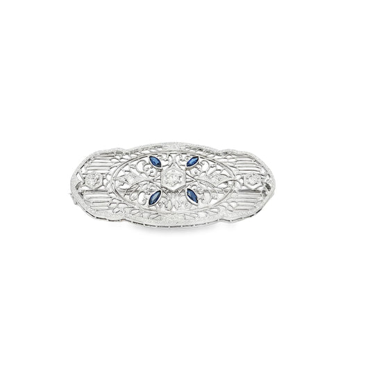 Depression filigree diamond and synthetic sapphire 14k white gold pin