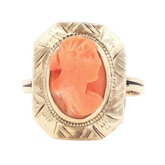 Vintage Coral Cameo Victorian Style Engraved Plaque Ring