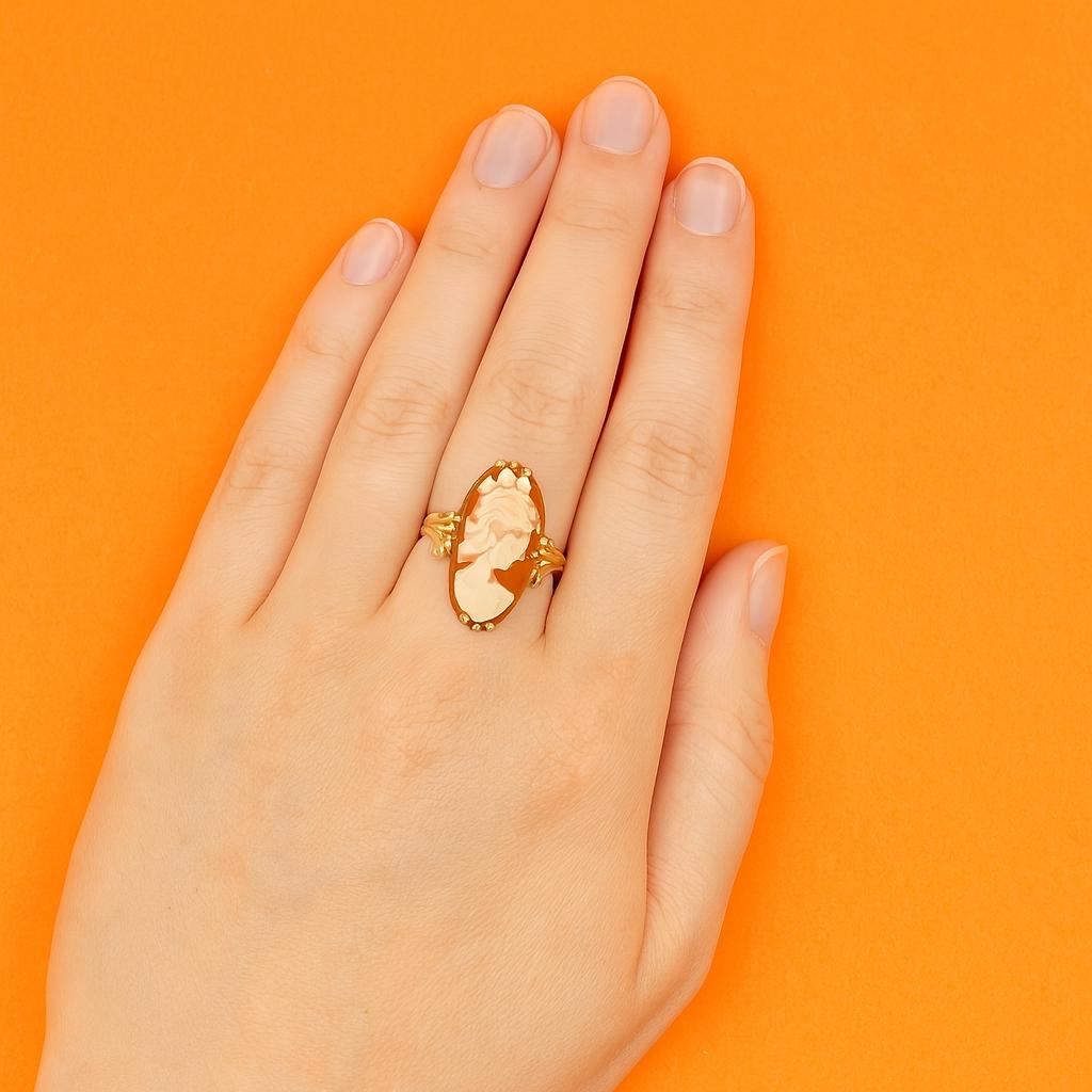 Vintage Long Oval 1960s Shell Cameo Ring