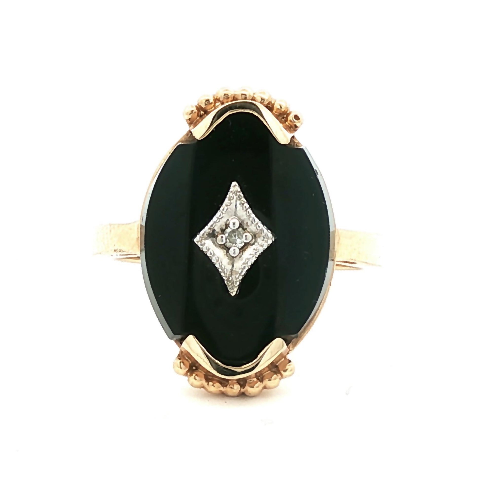 Mid-Century 10 karat yellow gold Black Onyx and Diamond Ring
