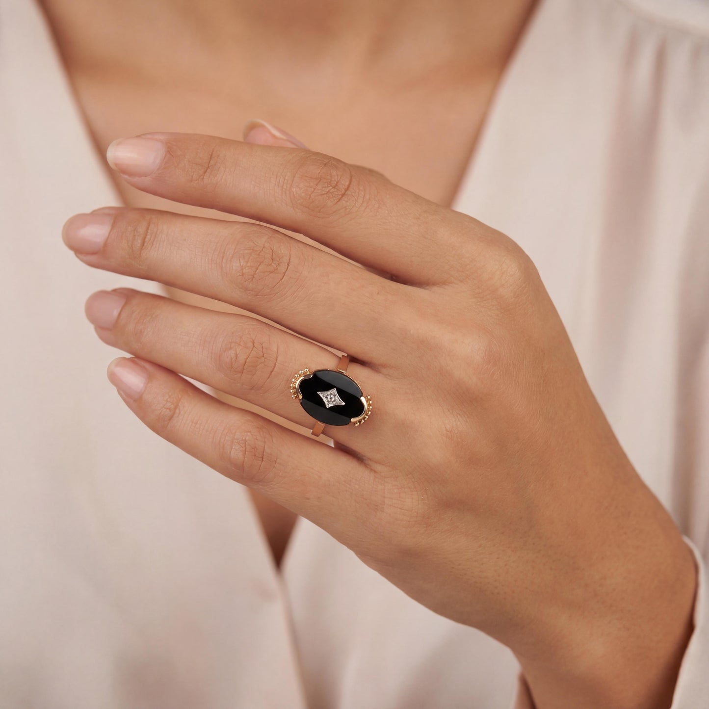 Mid-Century 10 karat yellow gold Black Onyx and Diamond Ring