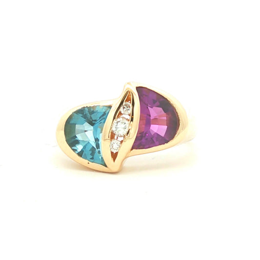 14k yellow gold Buff Top Blue Topaz, Amethyst and Diamond Ring