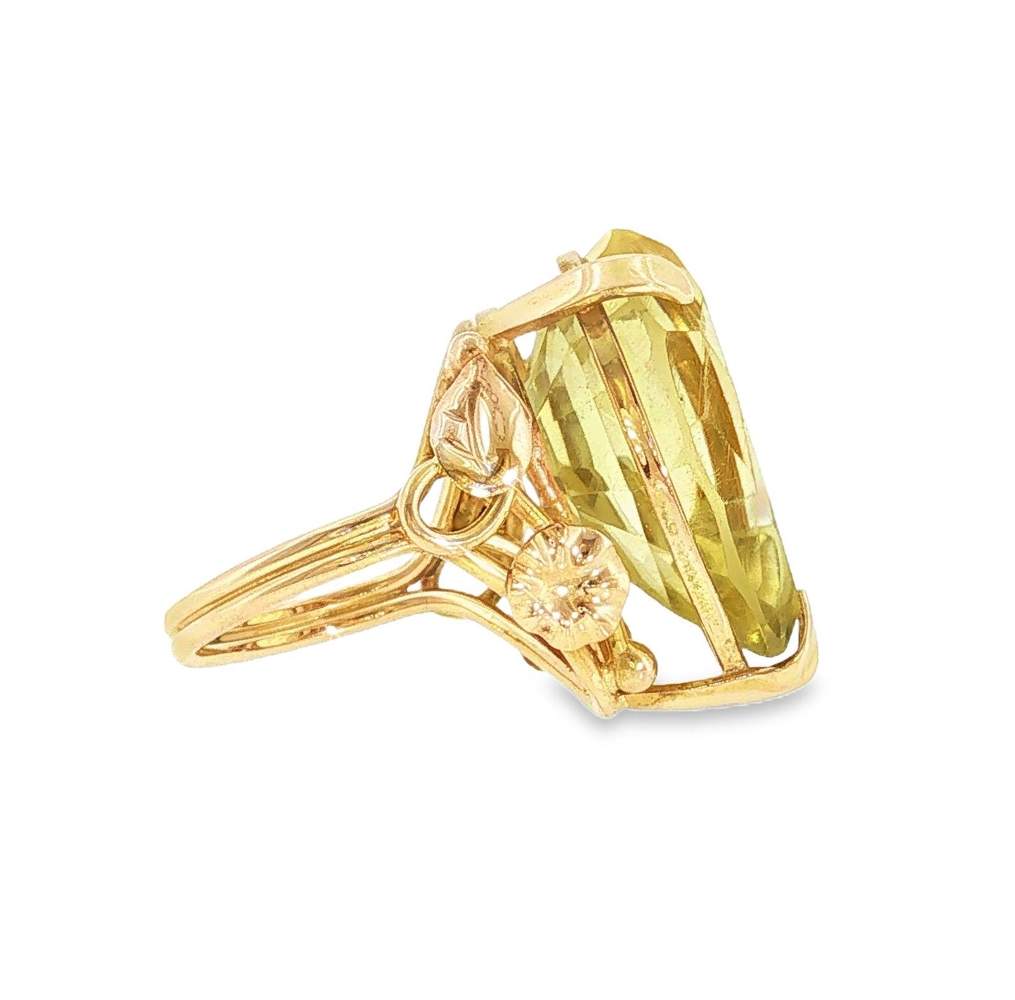 Late 20th-century 14k Yellow Gold Lemon Citrine Floral Design Ring