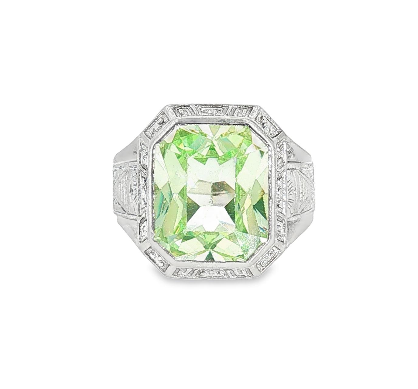 Mid-century 10k White Gold Synthetic August Birthstone Hand-engraved Ring