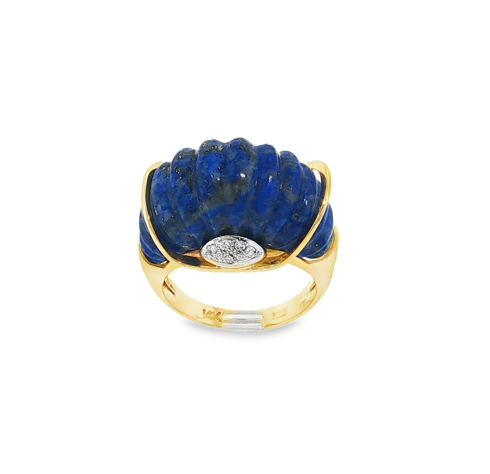 Mid Century 14k Yellow Gold Carved Lapis and Diamond Dome Ring