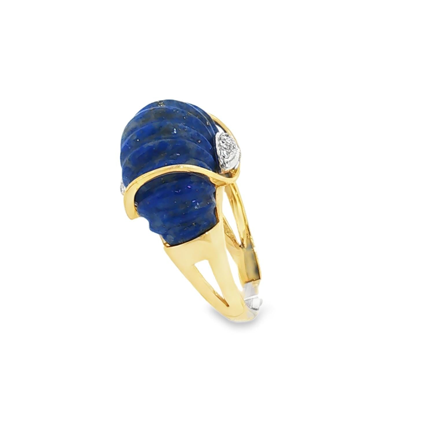 Mid Century 14k Yellow Gold Carved Lapis and Diamond Dome Ring