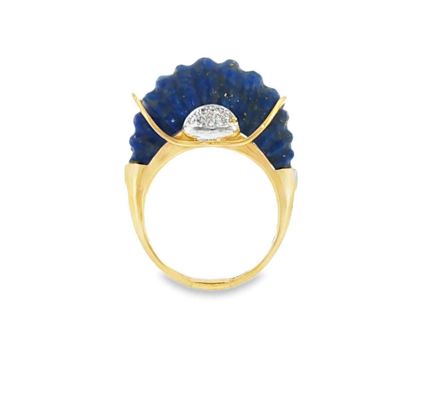 Mid Century 14k Yellow Gold Carved Lapis and Diamond Dome Ring