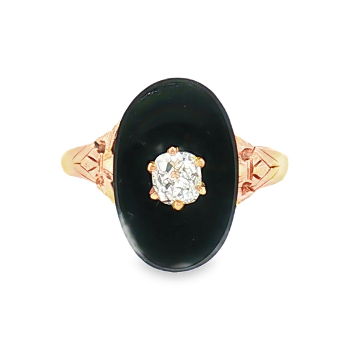 Victorian 10k Yellow Gold Black Onyx and Old Mine Cut Diamond Mourning Ring