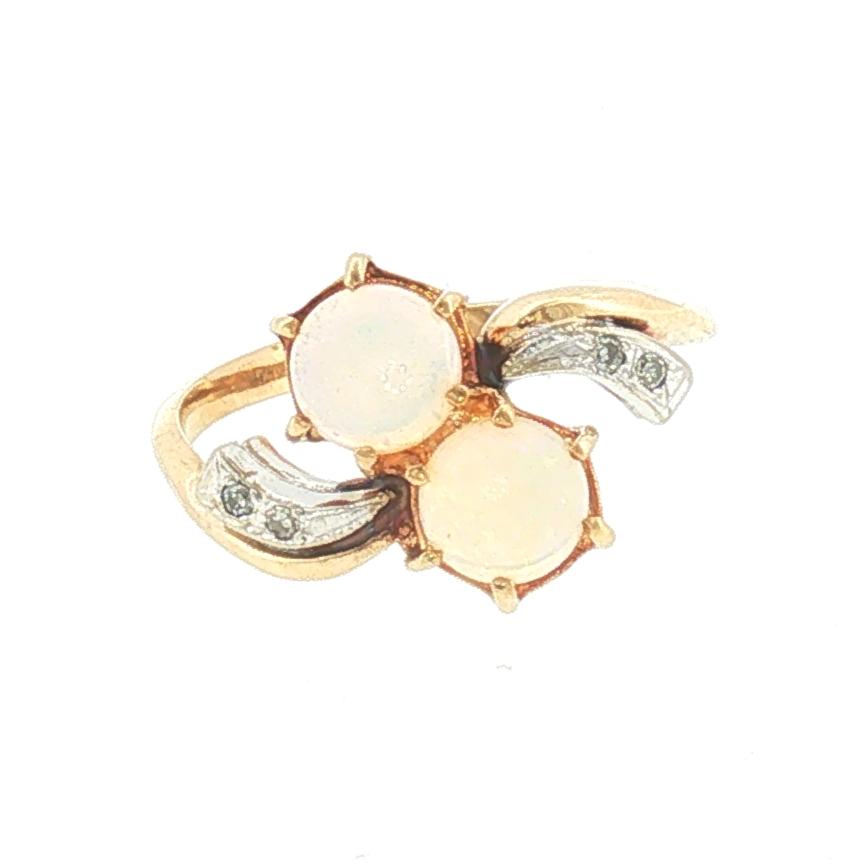 Mid-century White Opal and Diamond Offset Ring