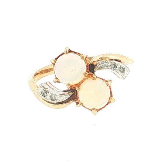 Mid-century White Opal and Diamond Offset Ring