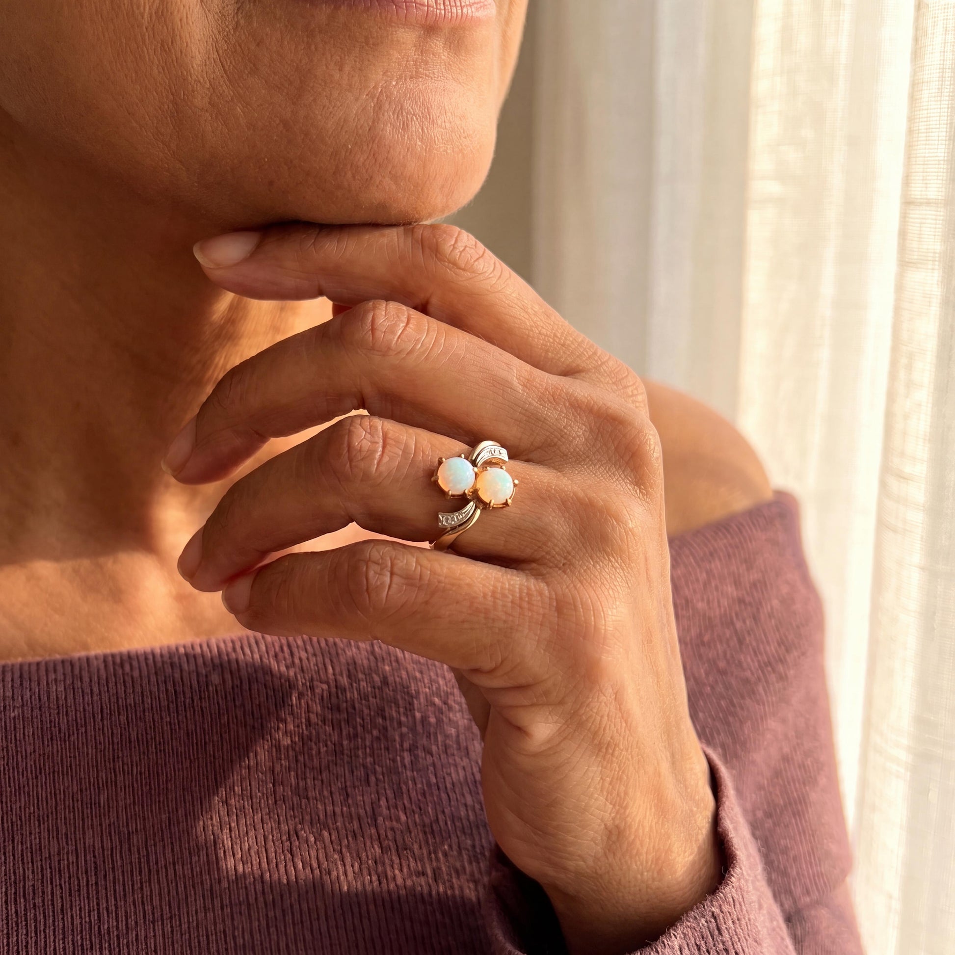 Mid-century White Opal and Diamond Offset Ring