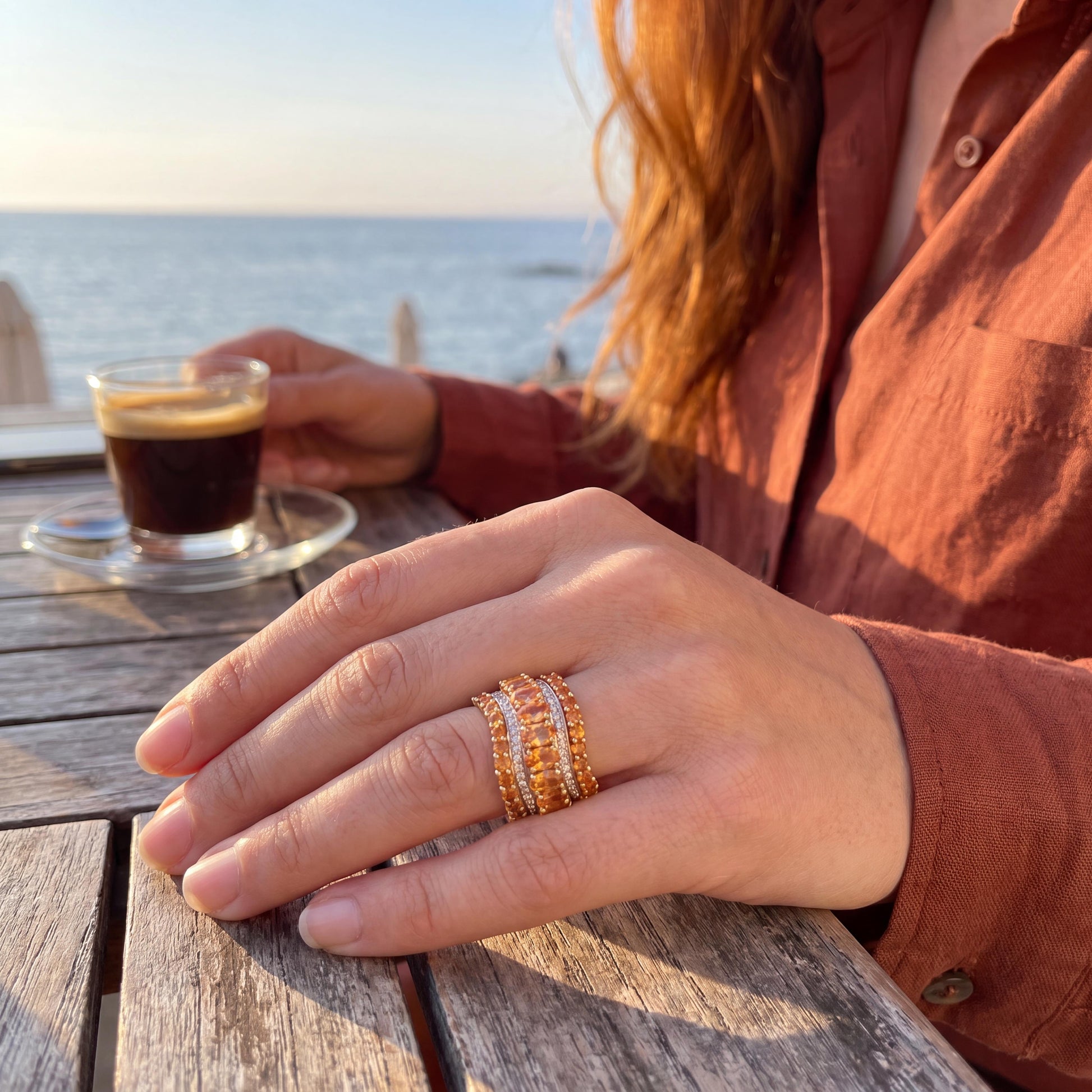 Late 20th-Century 14k Yellow Gold Spessartite Garnet, Citrene and Diamond Ring