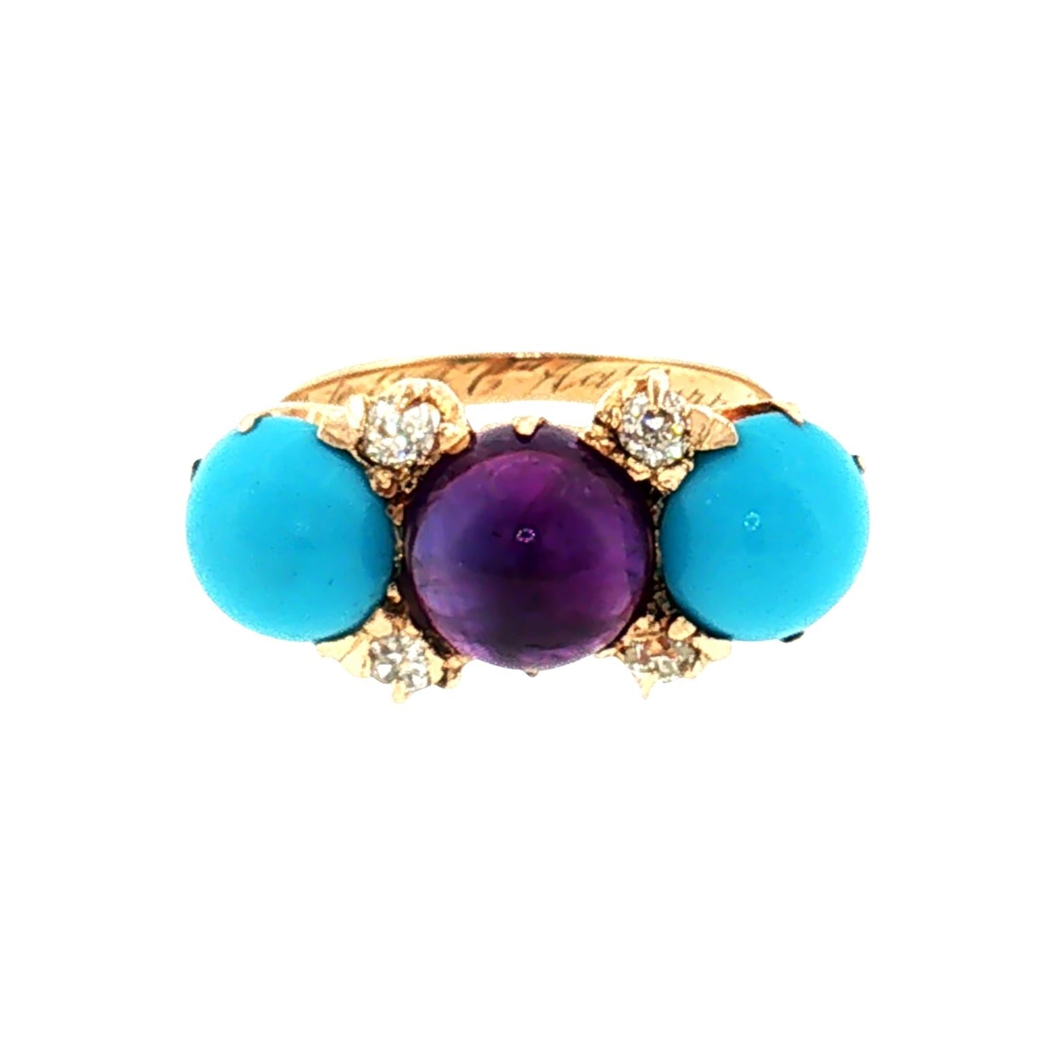 Late Victorian 10k Yellow Gold Amethyst, Turquois and Diamond Ring