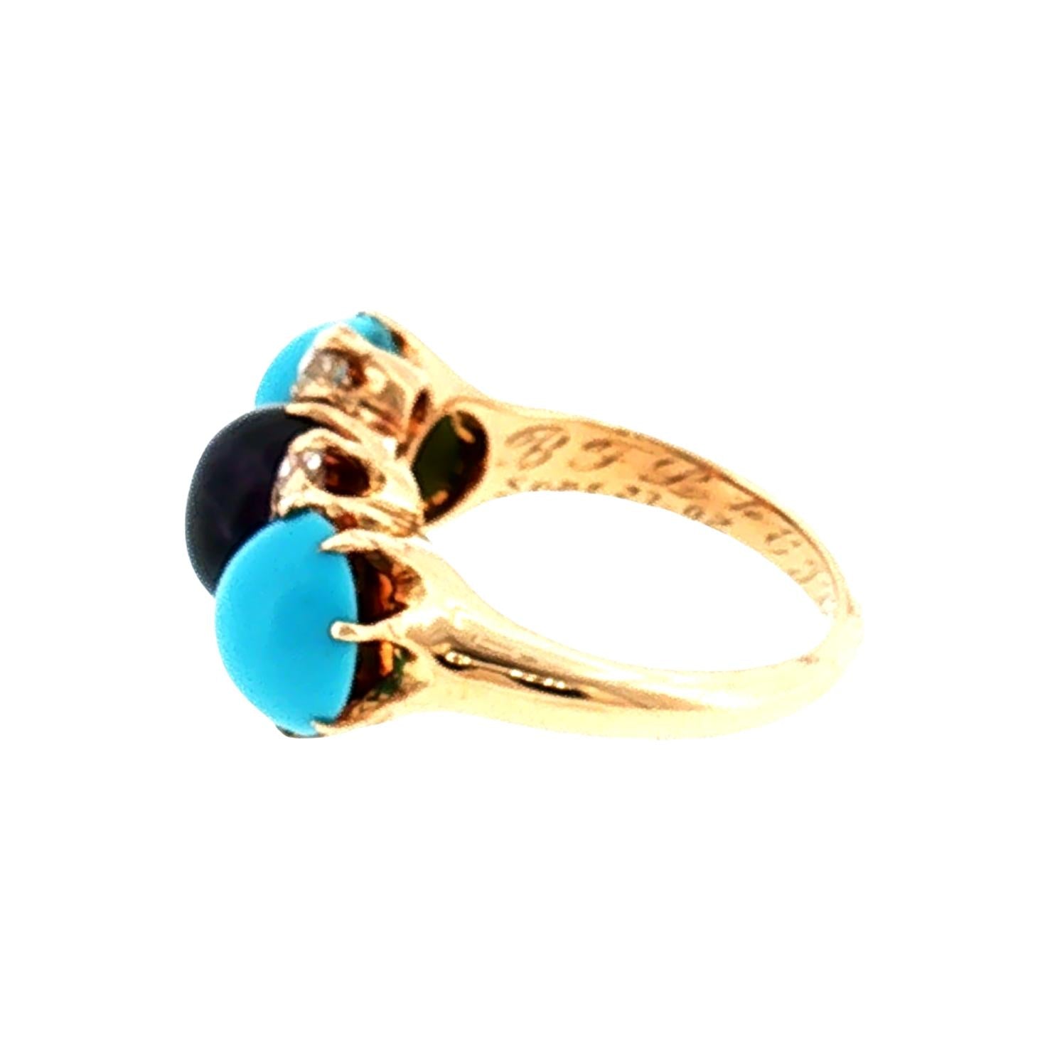 Late Victorian 10k Yellow Gold Amethyst, Turquois and Diamond Ring