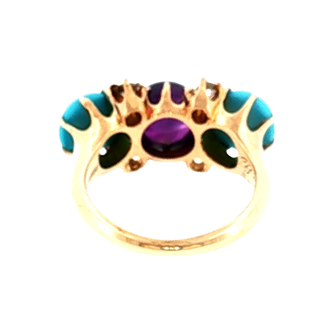 Late Victorian 10k Yellow Gold Amethyst, Turquois and Diamond Ring