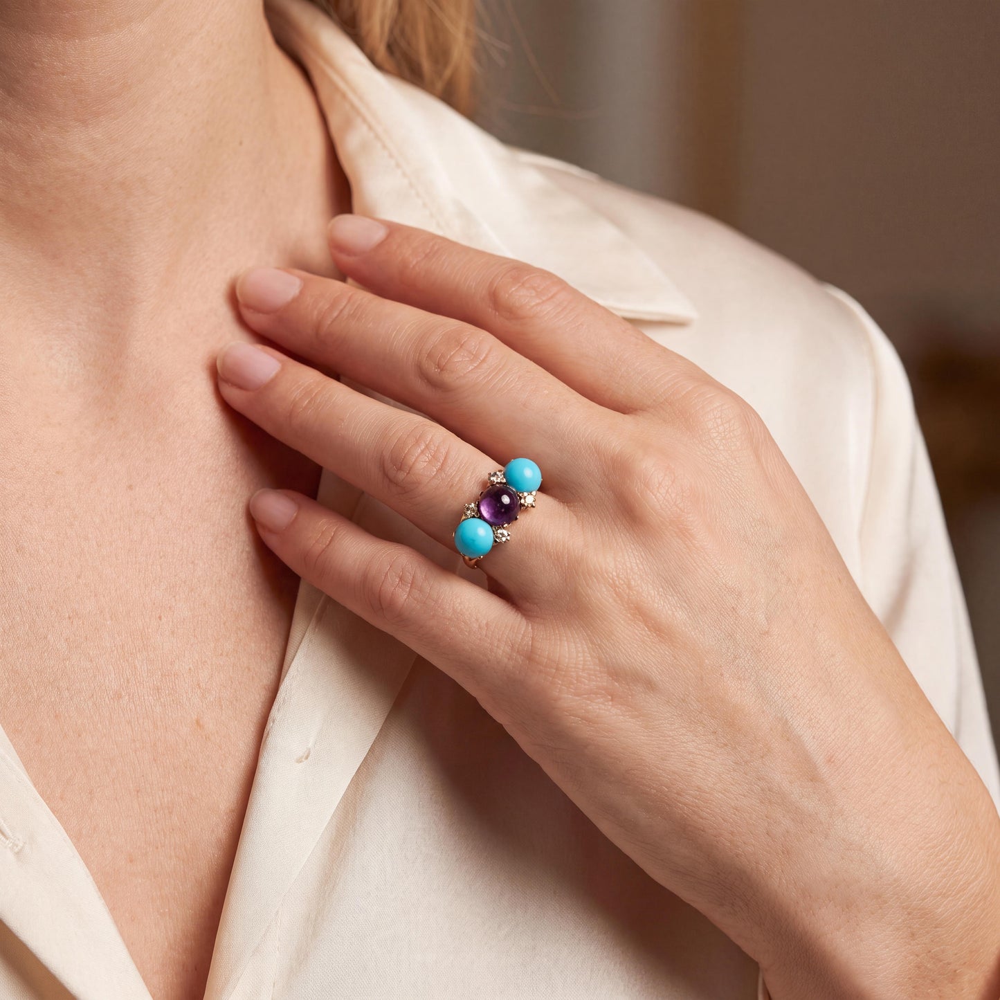 Late Victorian 10k Yellow Gold Amethyst, Turquois and Diamond Ring