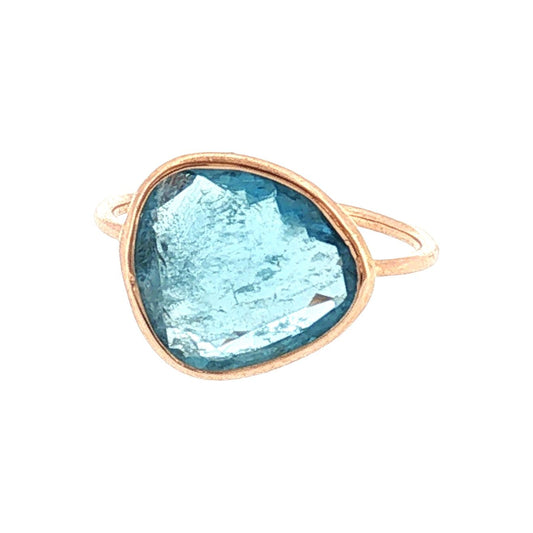 21st-Century 14 Karat Rose gold Natural Aqua Bezel Ring