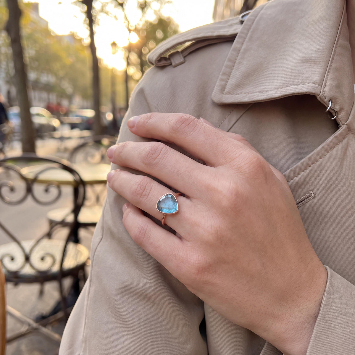 21st-Century 14 Karat Rose gold Natural Aqua Bezel Ring
