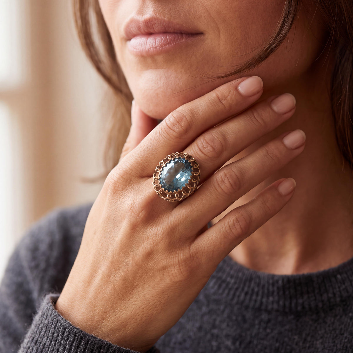 1960s 12 Karat Yellow Gold Synthetic Blue Spinel Wire Work Ring