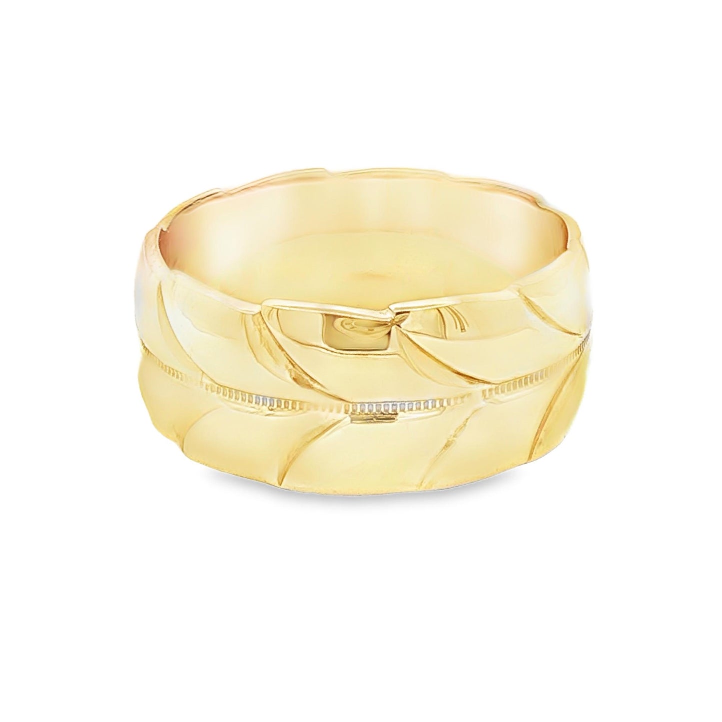 14k yellow gold 9mm Wide Carved Leaf Pattern Band