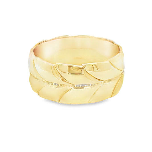 14k yellow gold 9mm Wide Carved Leaf Pattern Band