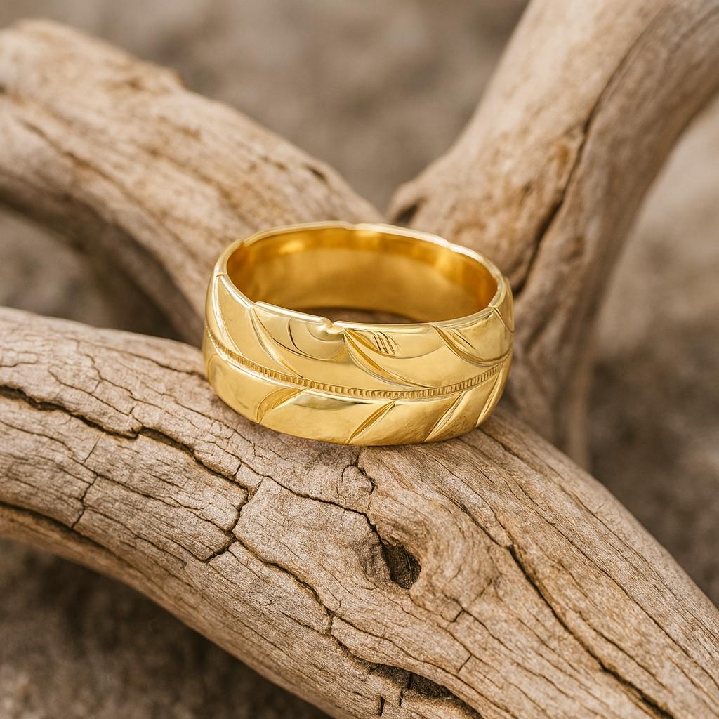 14k yellow gold 9mm Wide Carved Leaf Pattern Band
