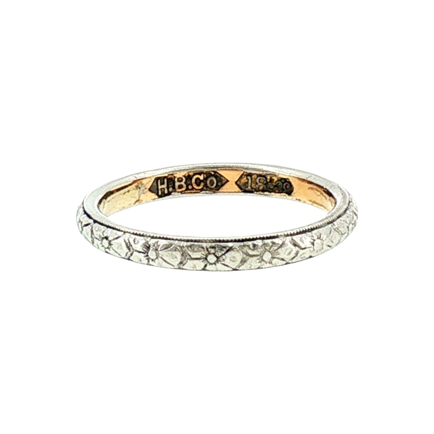 1930's Platinum and 18k Hall Brothers Orange Blossom Pattern Wedding Ring
