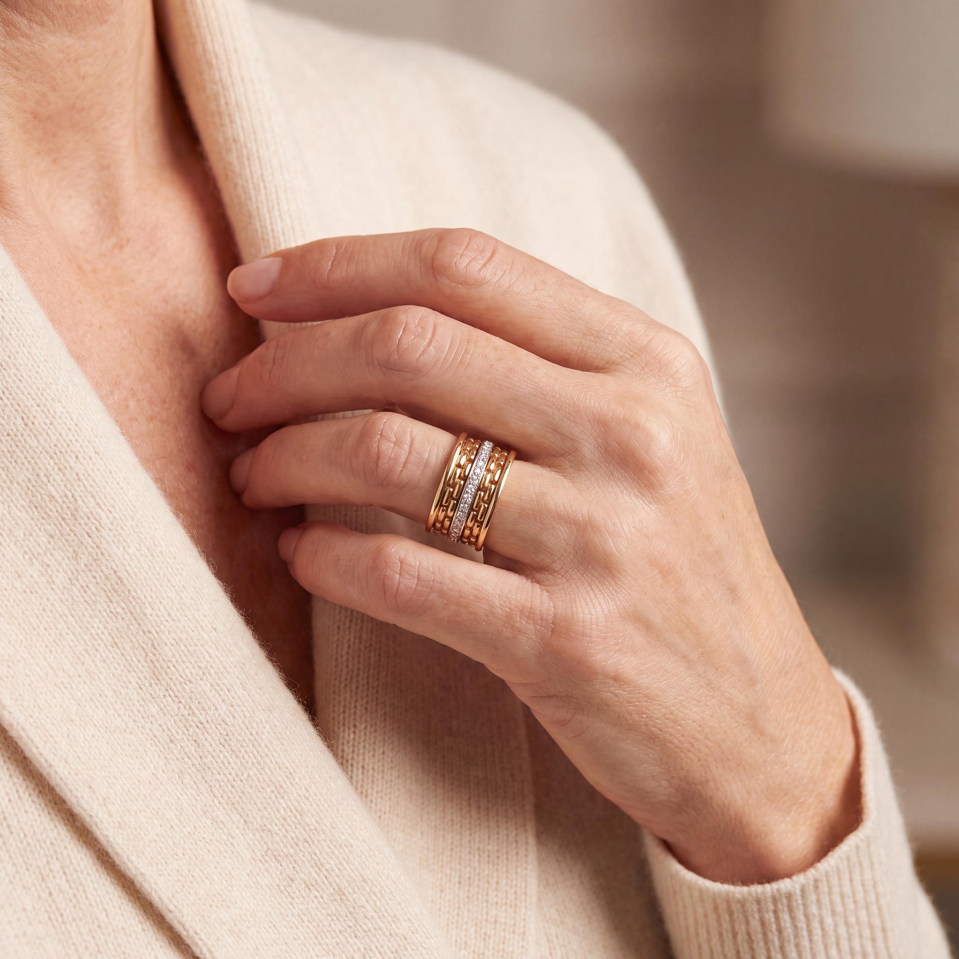 A Pair of Late 20th-Century 18k Yellow Gold Basket Weave Style Guard Rings