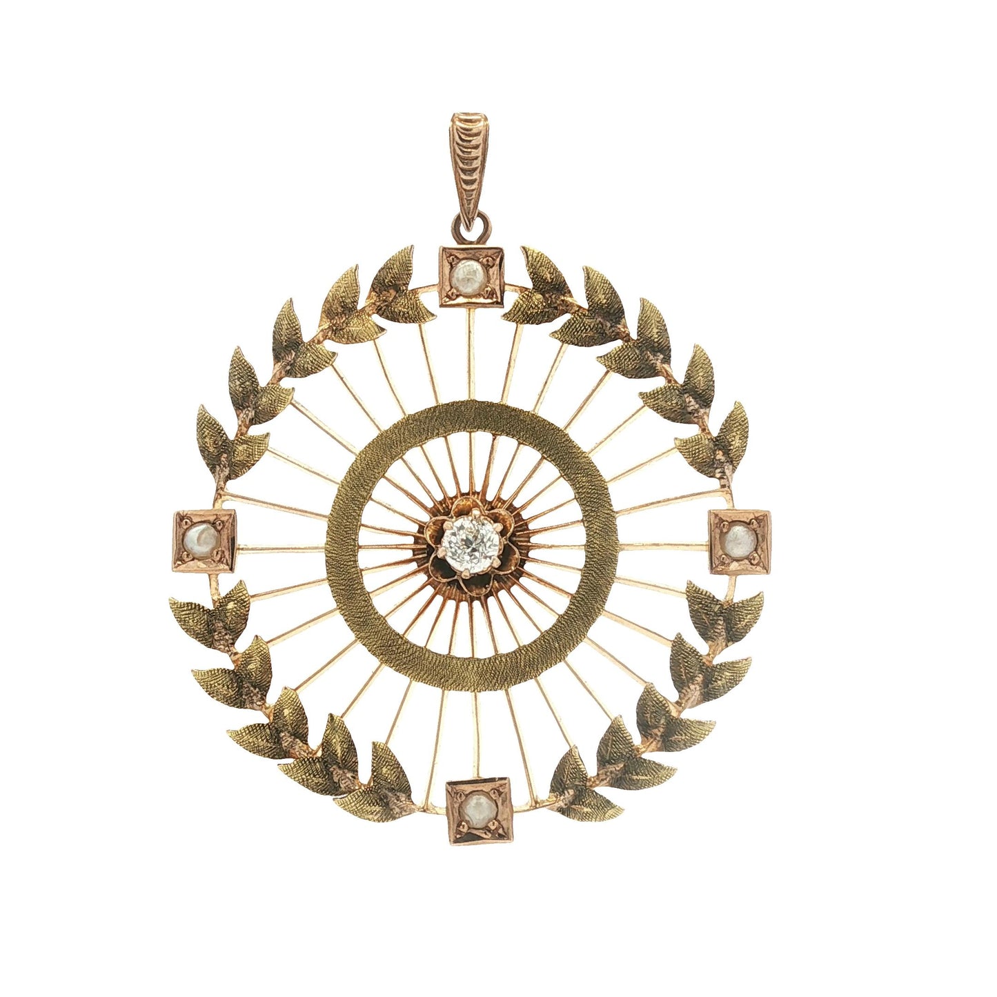 10 karat Victorian Laurel Wreath Pearl and Diamond Pendant