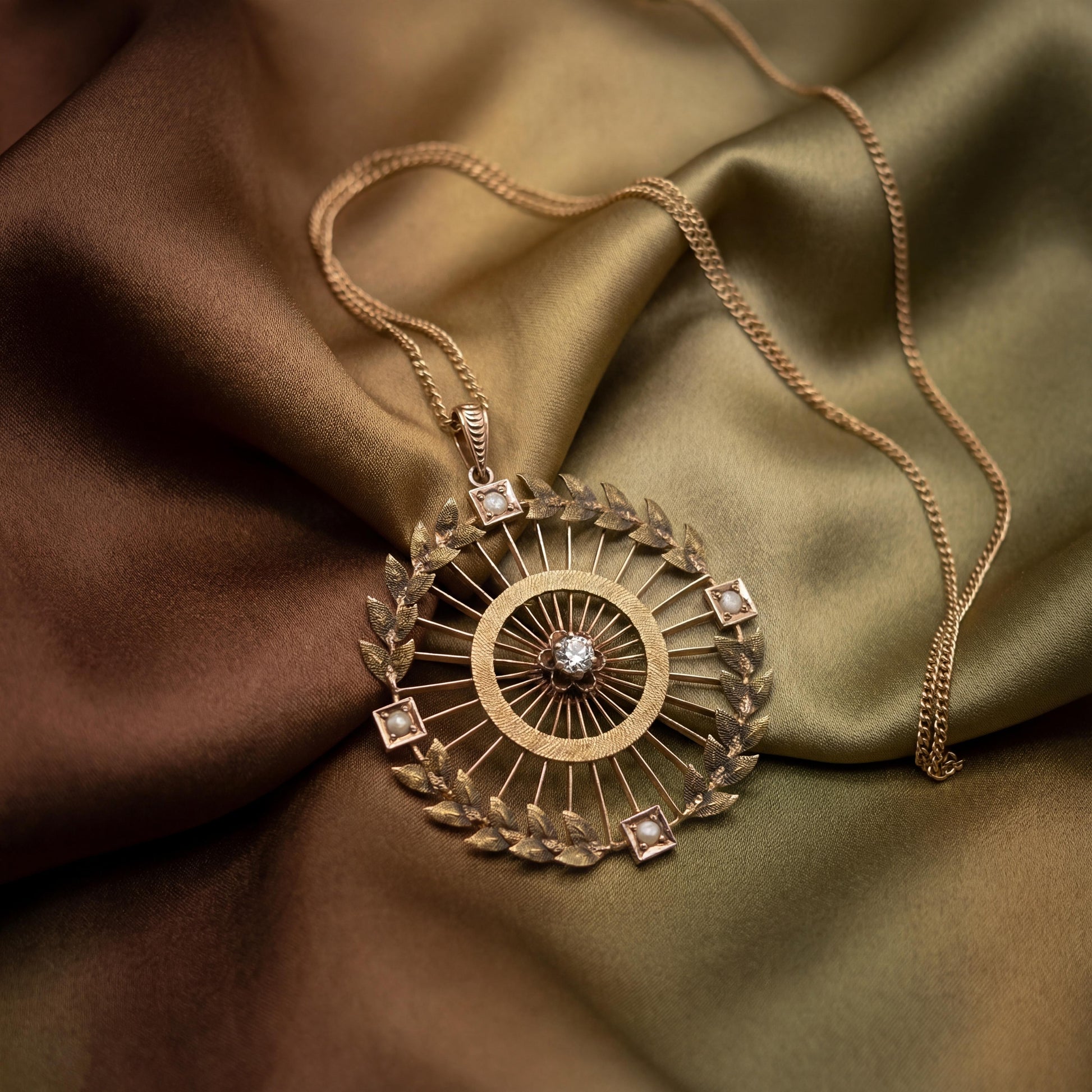 10 karat Victorian Laurel Wreath Pearl and Diamond Pendant