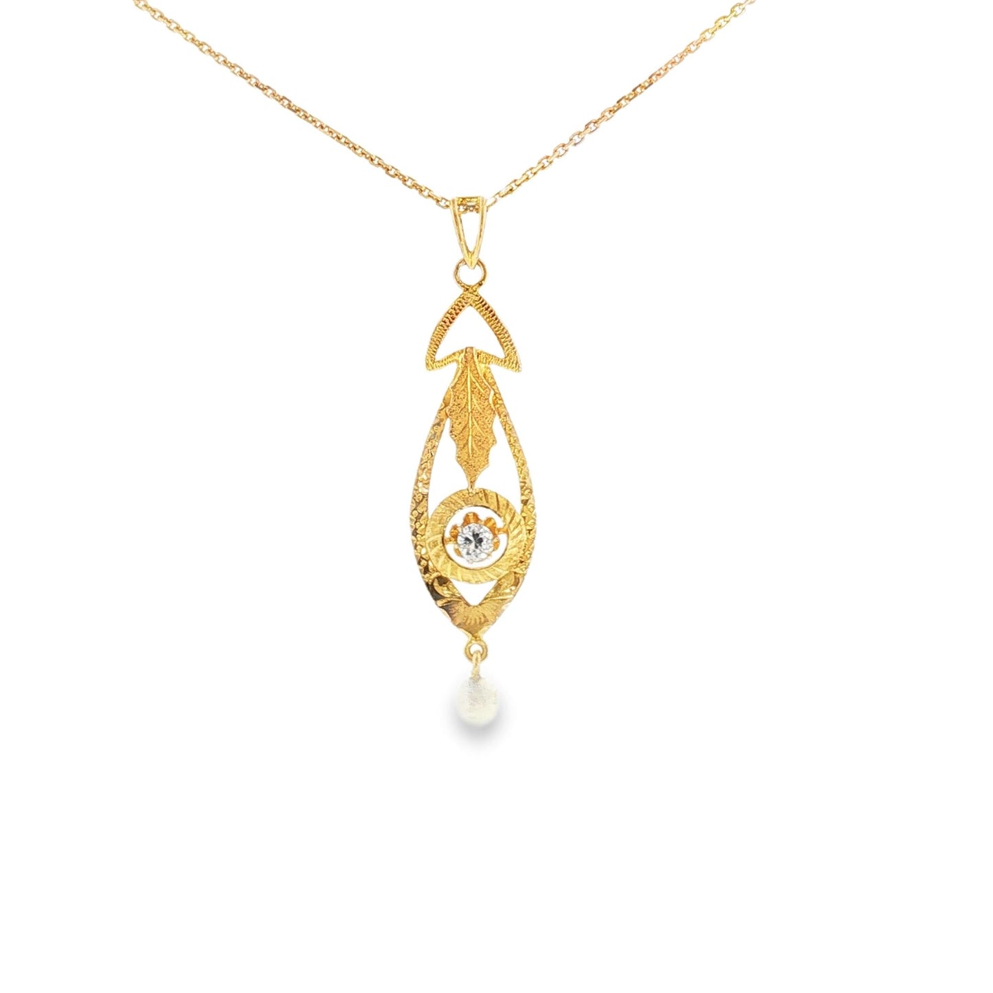 Victorian 9k Old Mine Cut Diamond and Natural Pearl Hand-engraved Lavalier