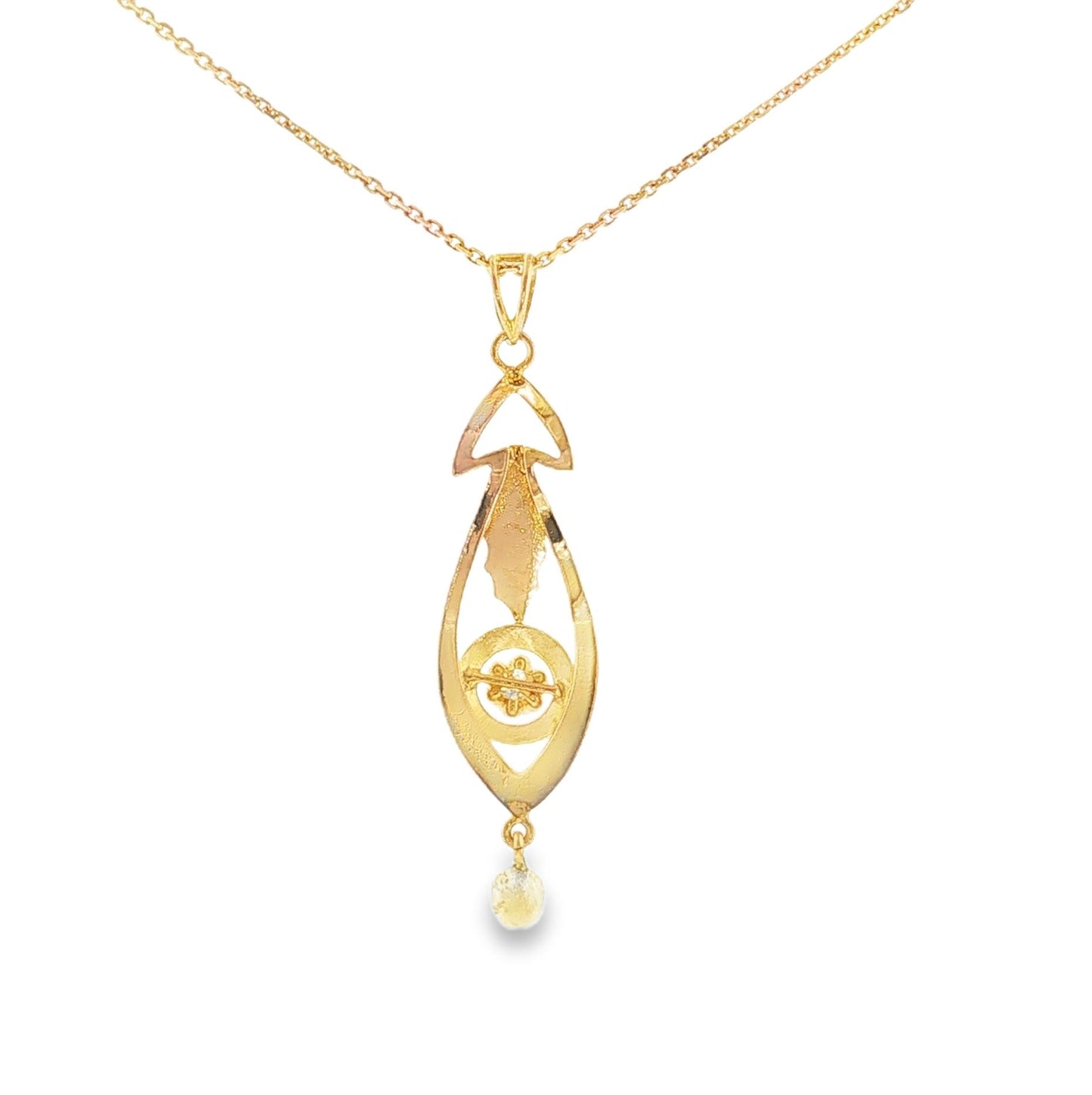 Victorian 9k Old Mine Cut Diamond and Natural Pearl Hand-engraved Lavalier