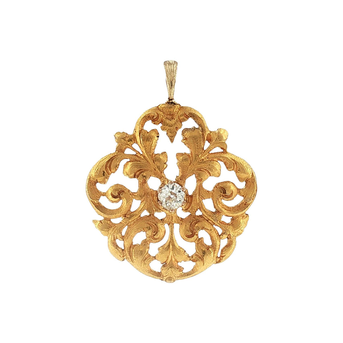 Victorian 18 karat Hand Pierced and Carved Old Mine Cut Diamond Pendant