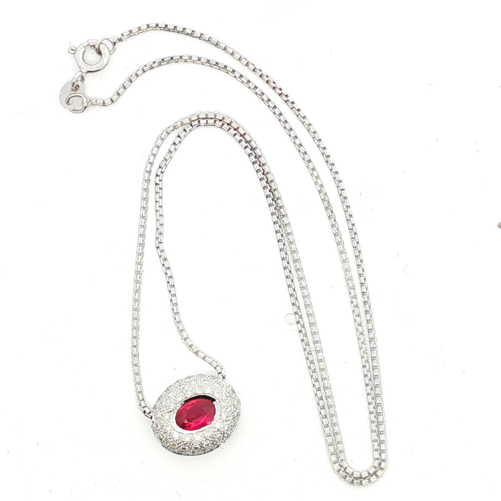 Natural oval ruby and pave diamond slide 14k white gold necklace